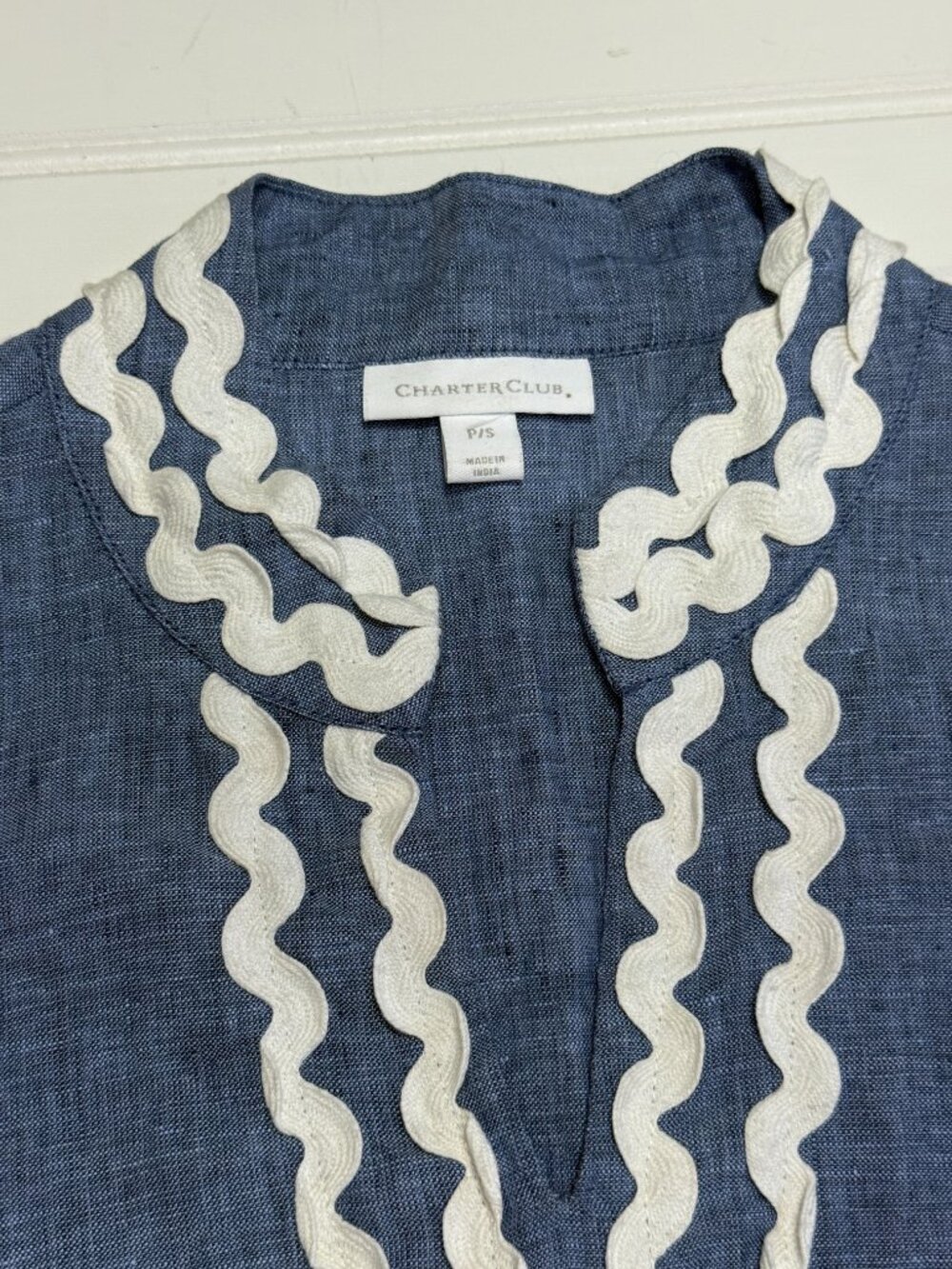 Charter Club Blue Linen Tunic Top White Trim Petite Small - Picture 6 of 7